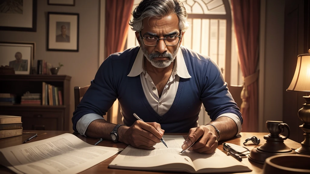 a middle-aged indian man wearing glasses,looking at a stock market chart with a magnifying glass,candlestick chart,stock market,detailed facial features,detailed eyes and face,photorealistic,highly detailed,ultra-detailed,8k,hyperrealistic,cinematic lighting,dramatic lighting,professional photography,award winning photo,masterpiece,stunning composition,dramatic atmosphere,vivid colors,sharp focus