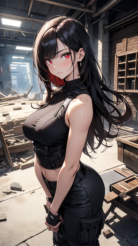 4K resolution,((Highest quality)),Ultra-high resolution,Adult women, alone, sexy, (Grim face), (Light red eyes), Beautiful and symmetrical face, (Black irregular long hair),Combat Vest,cargo pants,Realistic:1.4,Realistic:1.4,(masterpiece:1.2),Perfect Eyes,Perfect Eyes,Ample breasts,Muscular and toned body,Perfect Legs,Dilapidated building,Holding a gun,mercenary