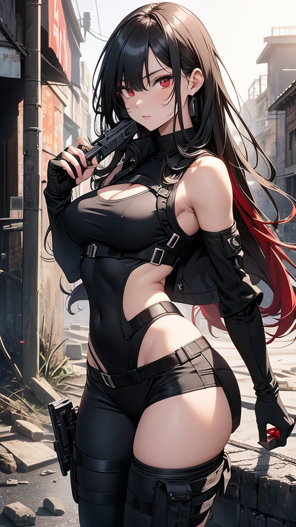 4K resolution,((Highest quality)),Ultra-high resolution,Adult women, alone, sexy, (Grim face), (Light red eyes), Beautiful and symmetrical face, (Black irregular long hair),Combat Vest,cargo pants,Realistic:1.4,Realistic:1.4,(masterpiece:1.2),Perfect Eyes,Perfect Eyes,Ample breasts,Muscular and toned body,Perfect Legs,Dilapidated building,Holding a gun,mercenary