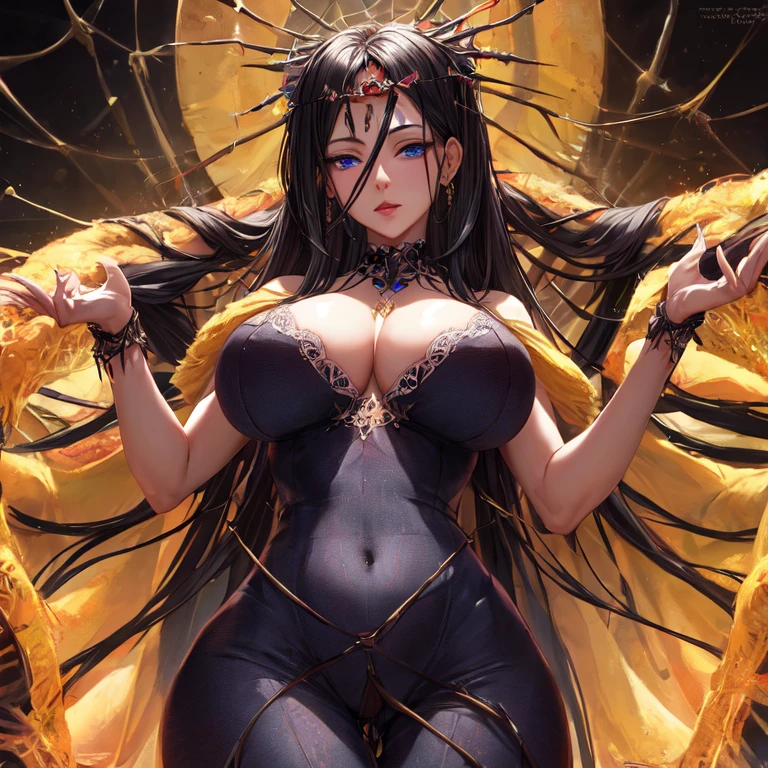 Beautiful mature milf arachne in the back with eight spider legs with black hair and blue eyes with big breasts high details UHD super detail accurate best quality