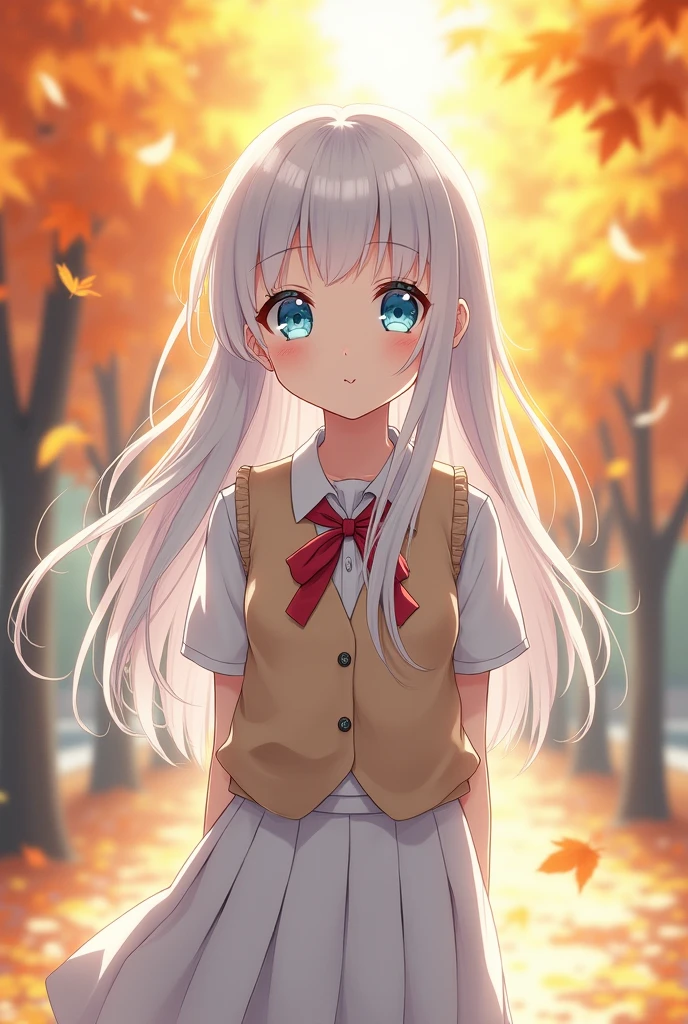 best quality, face focus, soft light, ultra high res, (photorealistic:1.4), RAW photo, one anime girl, solo, cute, (shy smile:0.5), (ice blues eyes, lights in the eyes), oval face, (medium chest),(slim body), (white long hair), gentle breeze with falling leaves, in autumn tree garden border, full white wizard school uniform, vest, skirt