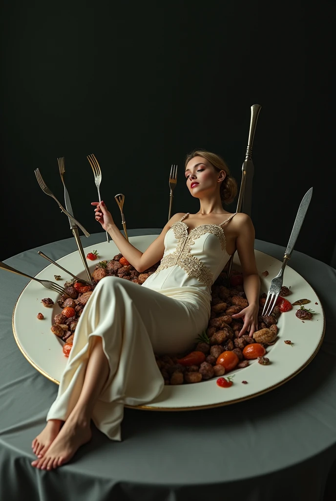 A well-dressed European woman lies on a plate full of food skewered with cutlery