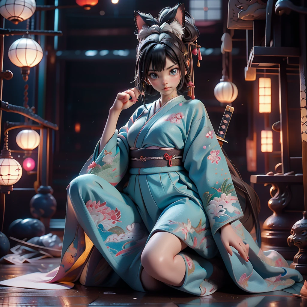 Samurai girl drawn in realistic 3DCG style。With blue eyes and moist skin、She has cat ears and long silver hair tied in a ponytail.。Her appearance is、It is depicted with a realistic body like an adult woman.、Perfect limbs stand out。Japan holding a sword、Wearing traditional Japanese armor、Designed to expose the chest。The whole body is drawn、Posing with right knee raised。「masterpiece＋Highest quality＋High resolution＋Very detailed」In expression、Attention to detail is evident。Kimono is not reflected。
