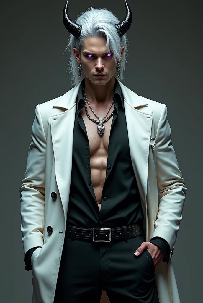 alone, good looking, 1 male, by the wide, middle parted hair, silver hair, purple eyes, black shirt, White Thailand, black trench coat, Real silver jewelry, Real devil earrings, black horns, affront, ABS, high 1.95