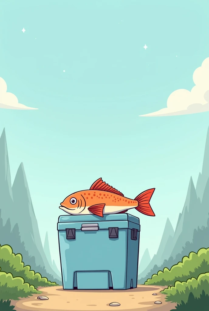 One fish on big rectangle ice box, tale touch ground on road cartoon 