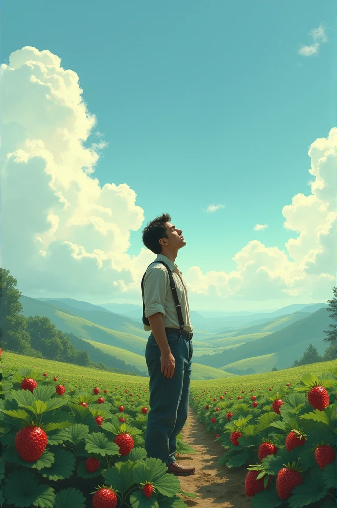 Strawberry and beautiful view and man alone look sky