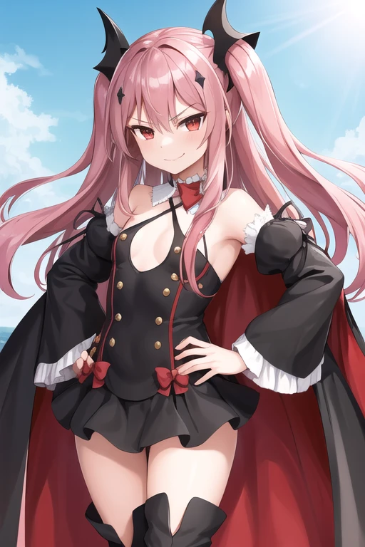 1girl, solo, KrulTepes, long hair, two side up, hair ornament, detached collar, red bow, black dress, bare shoulders, frills, detached sleeves, thigh boots, outdoors, hands on hips, butt cape, smirk,
