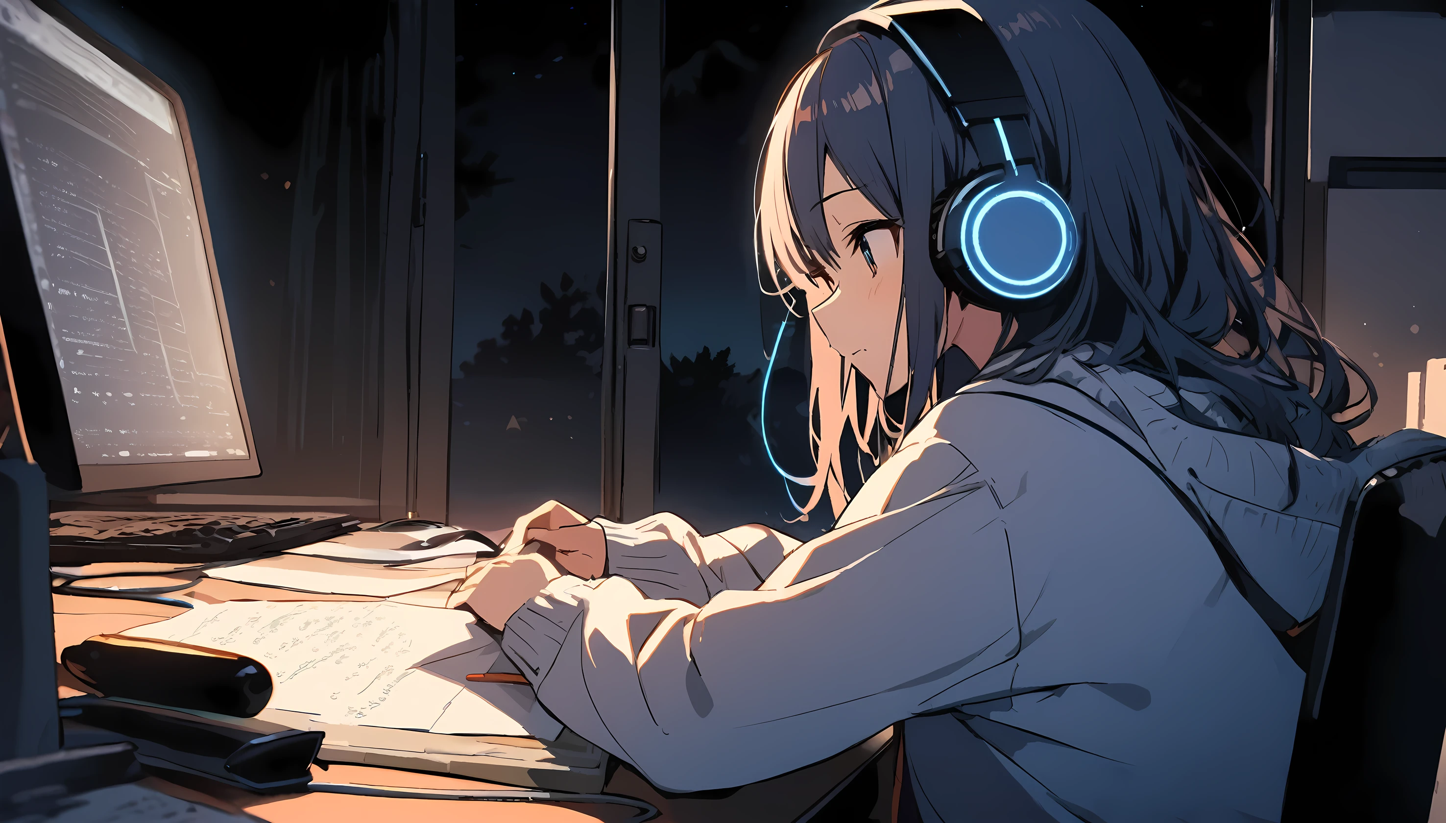 Student studying with headphones in the middle of the night、back view