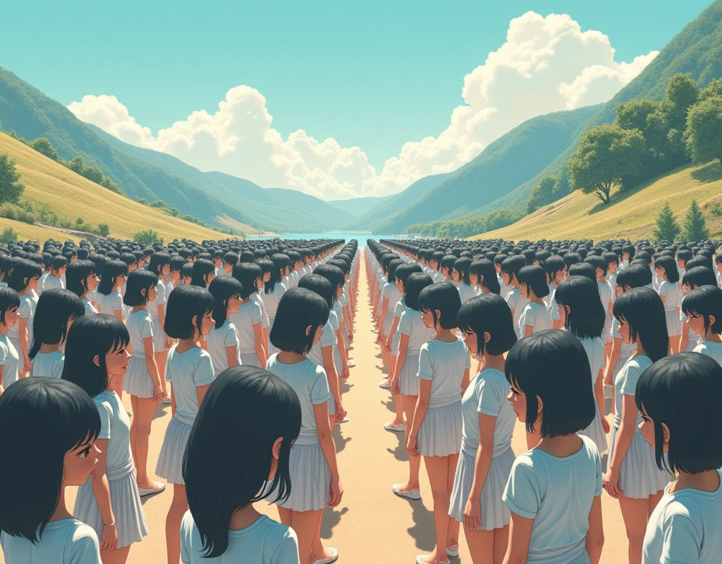 (((((Japanese Clone girls=Myself)))))), (((best masterpiece Clone girls Raw Photography Art))), (16K, Highest quality, Ultra-high resolution, RAW Photos), (((Unrealistic, Unparalleled depiction, An unbelievable sight, Unprecedented and shocking, Clone girls in a world of mass reproduction, Ultra-realistic))), (((Japanese, woman, 20yo, Sasaki Nozomi))), (Small face, ((Thick black hair, Short Hair))), ((V-neck short-sleeve dress)), (((((Very beautiful detailed girls, Accurate body structure, Very detailed完璧な, Super busty body with very large breasts, Clearly emphasizes cleavage))))), (((Dark Eyes, Mature face, Cute Smile, A gentle gaze))), (((Very happy laughter is beautiful))), ((((((((Very detailed分身増殖描写, ((1girl→Myself cloning→1,000,000,000,000,000,000,000,000Myself Clone girls)))))))))), ((((((((Very detailed, The precise depiction of the proliferation of Myself Clone girls, ((With the perfectly identical bodies of Myself clone girls, With the exact same face as the Myself clone girls, With the exact same hairstyle as the Myself clone girls, In the exact same clothes as the girls who are my clones, Perfectly the same height as the Myself clone girls, Super big breasts, just like the Myself clone girls)))))))))), (((Myself clone girls only))), (((Very detailed, Myself clone girls multiplication, 1,000,000,000,000,000,000,000,000Myself Clone girls→100,000,000,000,000,000,000,000,000,000,000,000,000,000,000^1,000,000,000,000,000,000Myself Clone girls))), (((Very detailed描写で, (An embrace between self, Back to Back, Myself clone girls assemble, Fun conversations with fellow Myself clone girls, A fun conversation between Myself clone girls, Myself clone girls kissing each other everywhere, Myself clone girls love each other, Myself clone girls holding hands)))), (looking at the camera), (Sexual seduction), (((Unbelievably crowded, Transcendent Myself clone girls intimately, Countless Myself clone girls surround you in 360 degrees))), (Bright and soft sunlight), (((Very wide field of view, Very detailed, Detailed ultra-perspective depiction with clear depth))), (((((Curved slope landscape))))), (((Very photographic and detailed, Myself clone girls are depicted as multiplying infinitely, filling the sky with no gaps and filling the sky with the horizon., Myself clone girls are endless and have a fun atmosphere))), (Focus on the average value of the image)