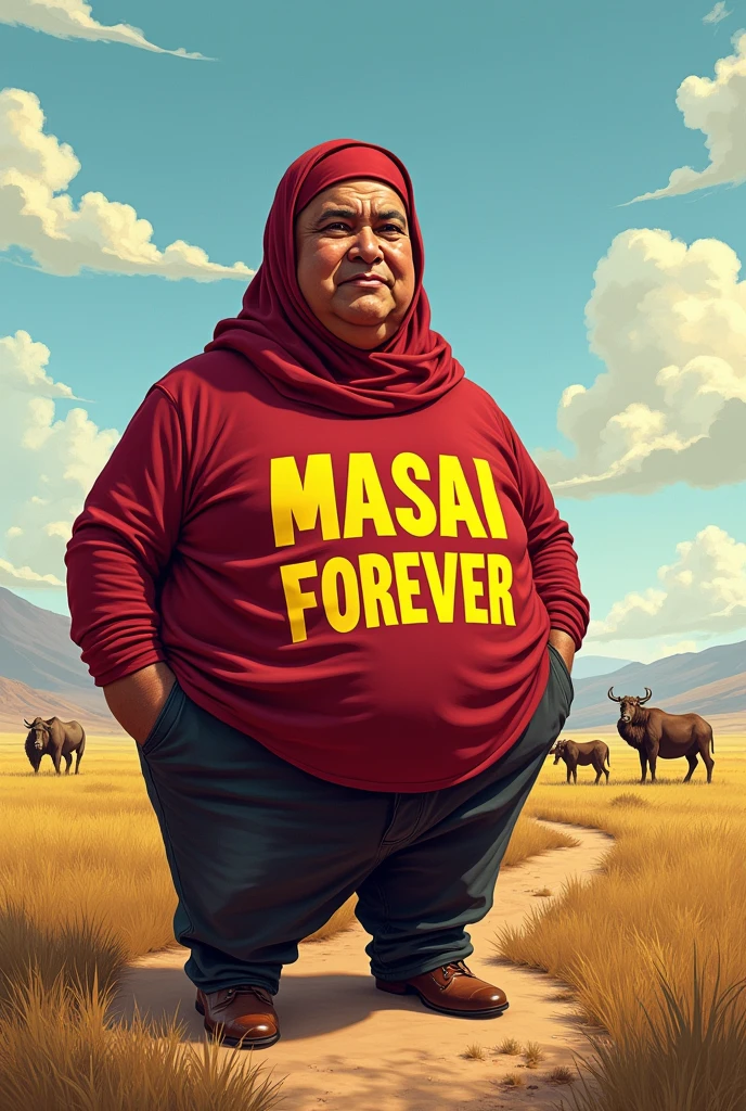 A 4k illustration of fat caricature president of Tanzania wearing hijab , with writing "Masai F88orever" Background of Savanna terrain