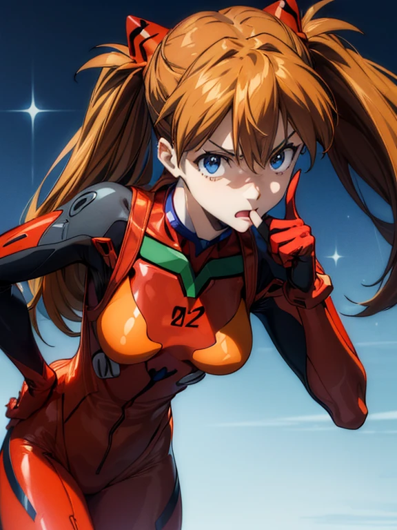 ultra-detailed, illustration, super cute, Beautiful Face, Beautiful body, ((souryuu asuka langley, interface headset, red bodysuit:1.4, Orange-brown hair)), glowing eyes, Sparkling Eyes, (beautiful and detailed eyes:1.1), whole body, (((Raise left index finger to attention:1.4, Place the other hand on your hip, Attention gesture))), (Mouth open in a preachy tone:1.25), (Leaning forward), The background is NERV Headquarters, [[delicate fingers and hands:0.55]::0.85],(Correct number of fingers, detail fingers), (Toon Shader Rendering), photo with an 85mm camera, ((masterpiece, best quality, high resolution))