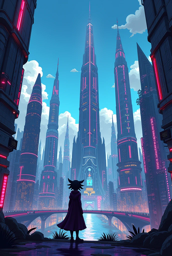 Panoramic view of Electropolis. A mysterious character, ElectroMal, lurks in the shadows, smiling mischievously while looking at the city in cartoon and to draw
