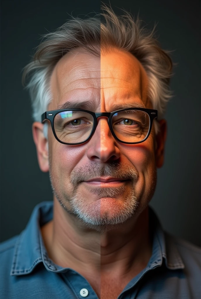 Transformation in dame image of a Half man in thé late 30s age Mentally weak with overweight body, recieding hair and eyeglasses and other half of the same man mentally strong with fit body and a Glow UP face