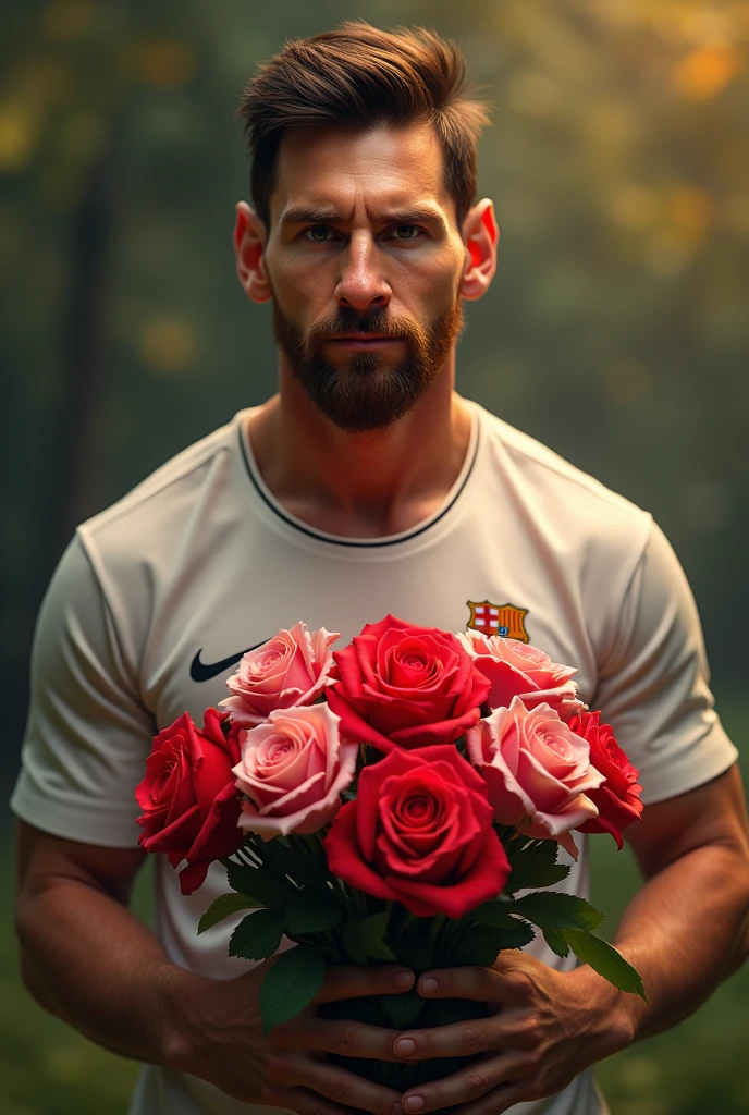 Messi with some rose flowers in his hand.
