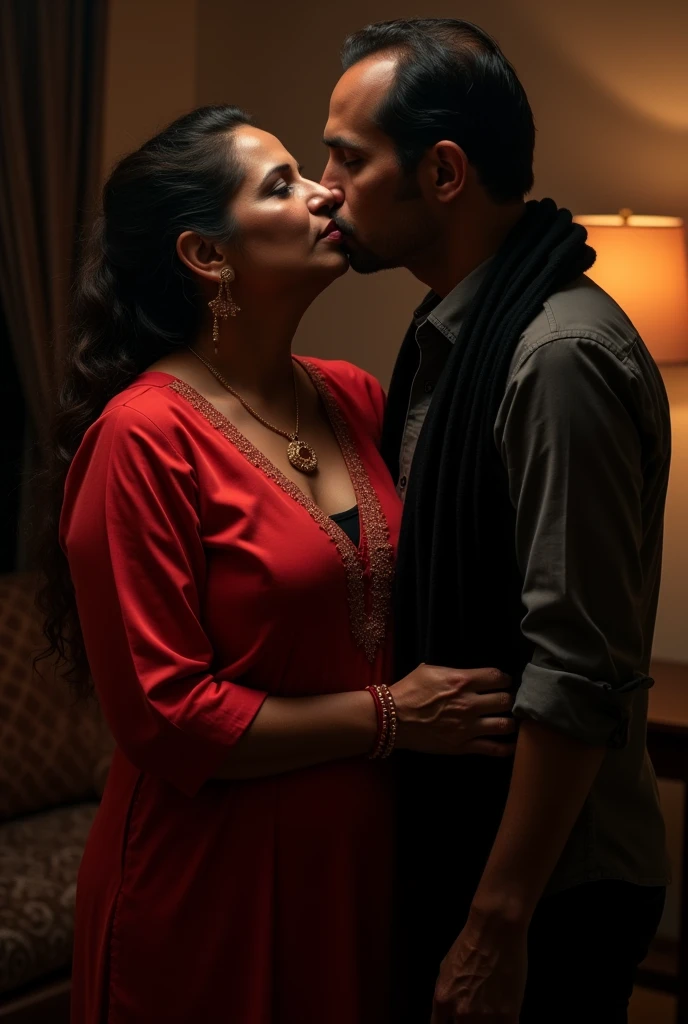 photo of Voluptuous Mature Indian Aunty with dusky skin, wearing tight Red Kurti and Black stole around her throat, showing her large U cut Cleavage, Hair Tied behind,Standing and Kissing a Slim Young boy, Dim Night light in the room.
