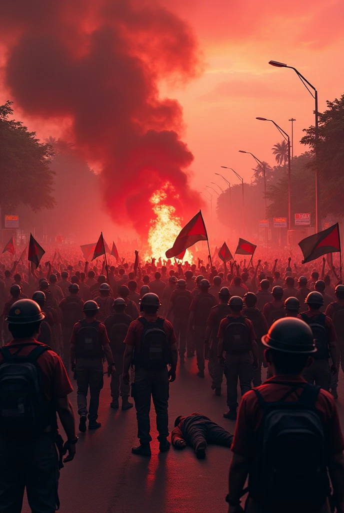 Very large student crowd on road, bangladesh, holding Bangladesh national flag, police are firing bullets, some are dead, sky is turning red