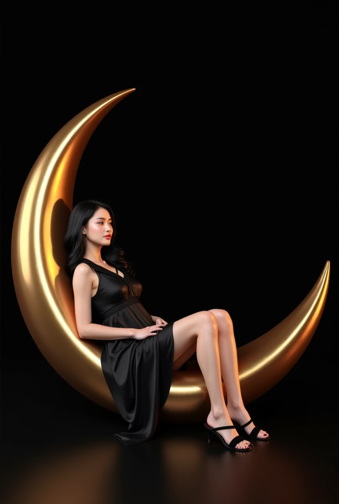(photorealism:1.2), Asian woman with black wavy hair and curvy body, wearing black pajamas sleap wear, black sandals, sitting on shining crescent moon, plain black background