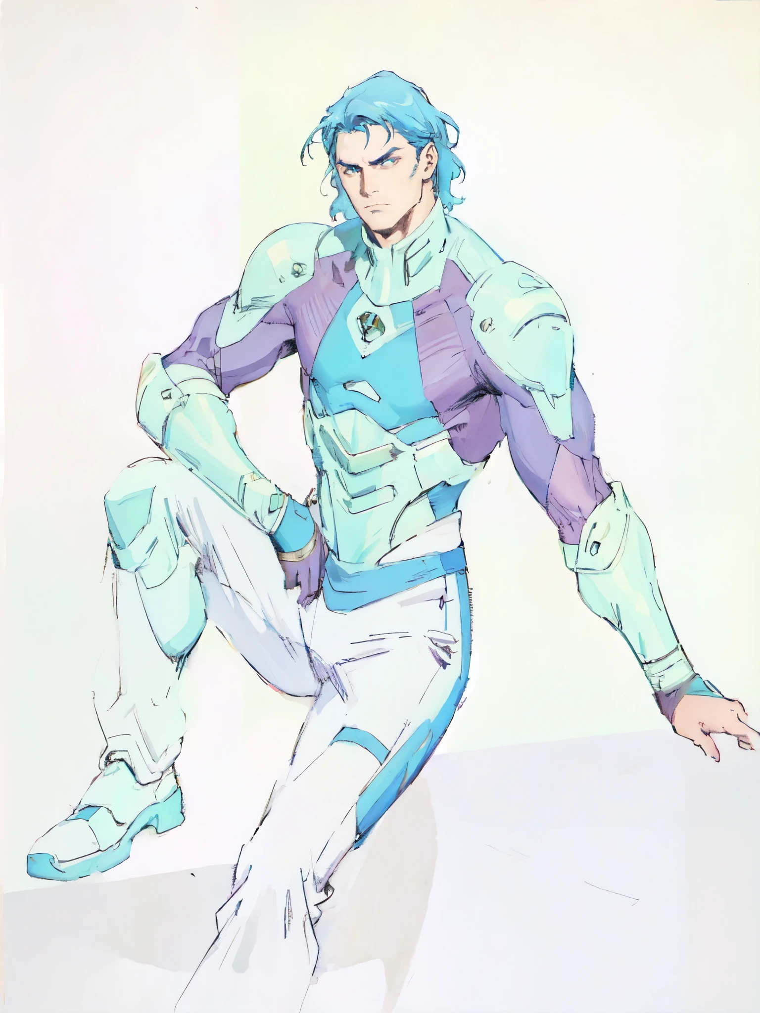 (masterpiece:1.2, best quality:1.2, extremely delicate:1.2), ((male:1.5)), a mature man with short slightly curly brown hair, a well-defined face, intense eyes, a thoughtful expression, brown skin, tall and athletic build, a futuristic fantasy-style blue and black short-sleeved tight-fitting wetsuit, matching trousers, wrist guards, he sits leisurely on a seaside rock, this character embodies a finely crafted futuristic fantasy-style swimmer in anime style, exquisite and mature manga art style, dramatic, high definition, highres, ultra-detailed, ultra-fine painting, professional, perfect body proportions, golden ratio, anatomically correct, symmetrical face, extremely detailed eyes and face, high quality eyes, creativity, RAW photo, UHD, 32k, Natural light, cinematic lighting, (masterpiece-anatomy-perfect:1.2)