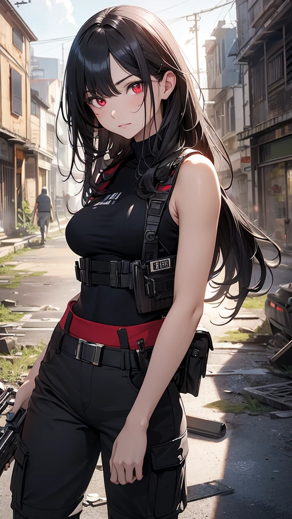 4K resolution,((Highest quality)),Ultra-high resolution,Adult women, alone, sexy, (Grim face), (Light red eyes), Beautiful and symmetrical face, (Black irregular long hair),Combat Vest,cargo pants,Realistic:1.4,Realistic:1.4,(masterpiece:1.2),Perfect Eyes,Perfect Eyes,Ample breasts,Muscular and toned body,Perfect Legs,Dilapidated building,Holding a gun