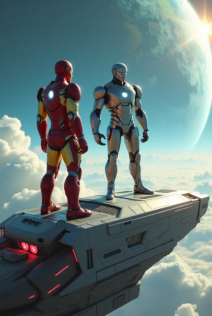 Ironman and Robot stand in top of spaceship background earth