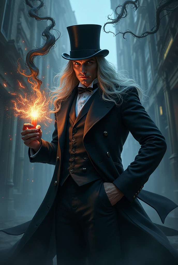 portrait of a handsome victorian man casting a dark spell, long silver hair, dark suit, dark energy, eldrich blast, darkness, top - hat, elegance, intricate details, dramatic pose, epic composition, cinematic lighting, vibrant colors, dramatic pose, dramatic composition, yoji shinkawa style