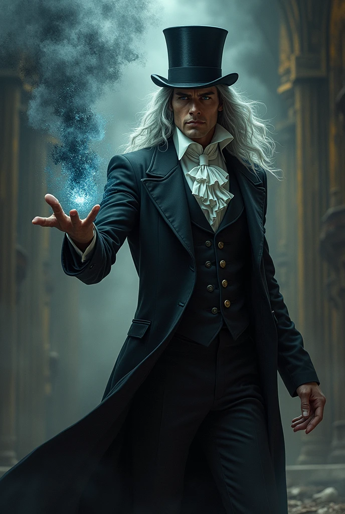 portrait of a handsome victorian man casting a dark spell, long silver hair, dark suit, dark energy, eldrich blast, darkness, top - hat, elegance, intricate details, dramatic pose, epic composition, cinematic lighting, vibrant colors, dramatic pose, dramatic composition, yoji shinkawa style