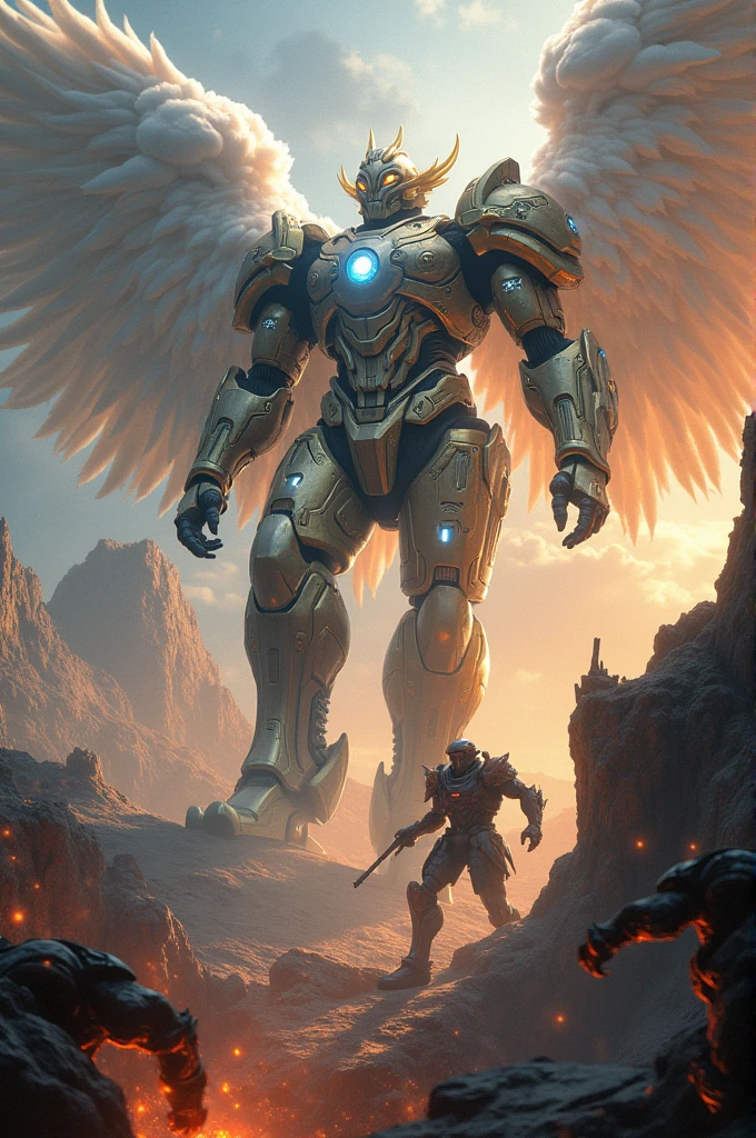 Sci fi space battlefield between angels and demons in power armour