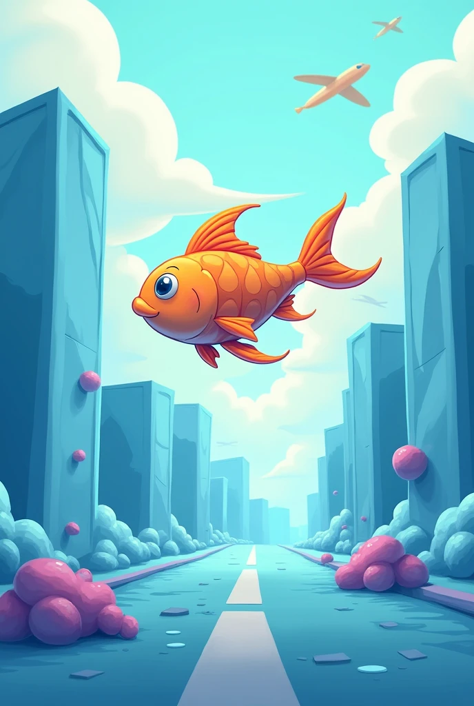 One fish on big rectangle ice cubes, tale touch ground on road cartoon