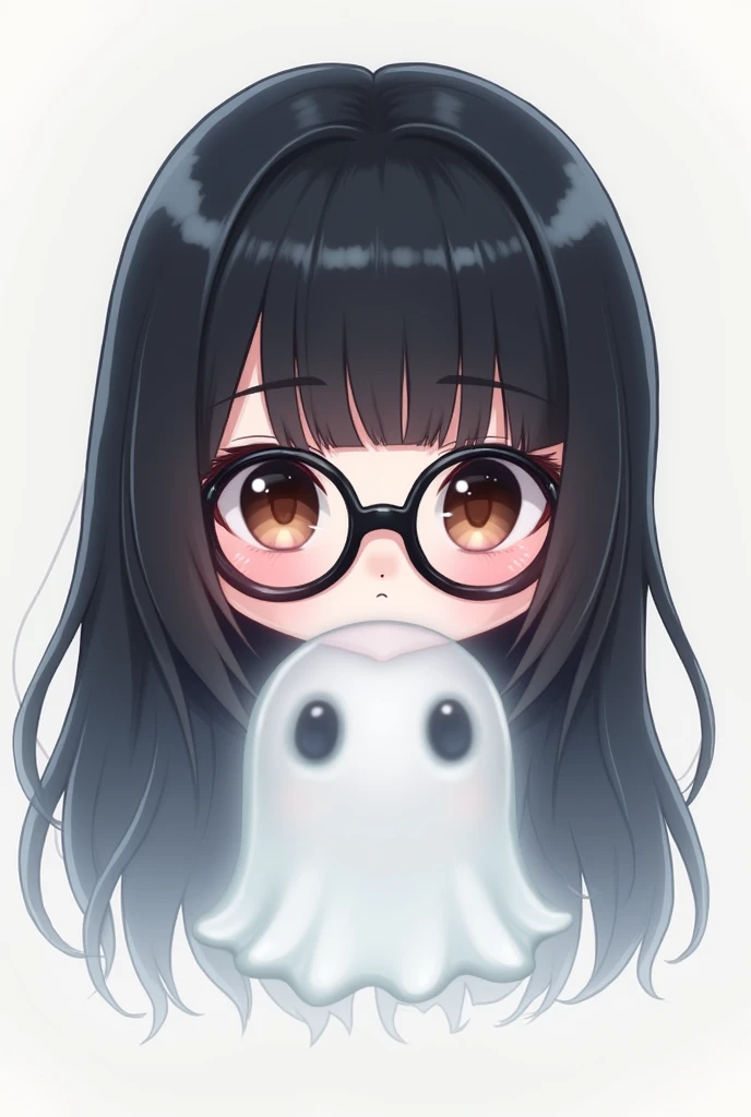 a FEMALE character in chibi style, with dark brown eyes, and long black hair with bangs, with round black glasses, Caucasian skin, just the character&#39;s face. she is a ghost girl