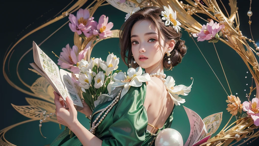 32K, 最高quality, 最高masterpiece, (ultra-Detailed Background, Detailed Background), High resolution, Super detailed, Very detailedな, 1 personの, (bouquet:1.3), (Tangled:1.2), (Geometric:1.2),(colorful),(masterpiece, quality, best quality, Official Art, Beautiful and beautiful:1.2), (1 person:1.3), Very detailed,(colorful:1.1)(Flowers:1.3),Most detailed,(Tangled:1.2), whole body, (Abstract background:1.3), (Skin glows), (Many colors:1.4), ,(Earrings Pearl:1.5), Light green background, It's imaginative., Brunette Hair, Updo, Holding a book, Holding a pen, Satin shirt,