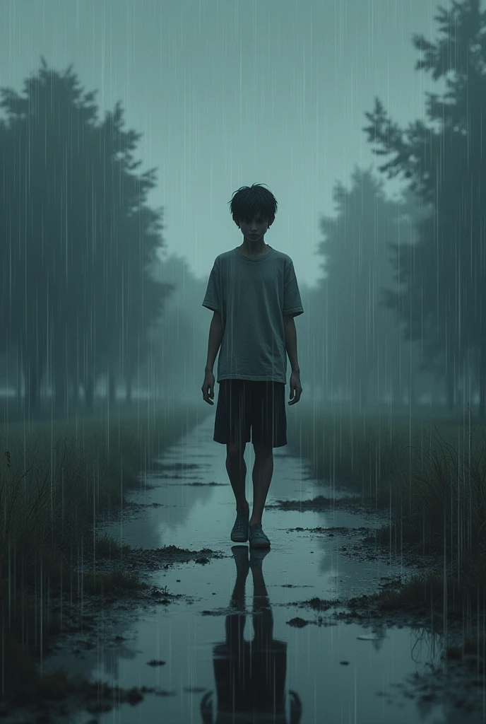 Background ran and thunder a boy  walk in graond and sad romantic 