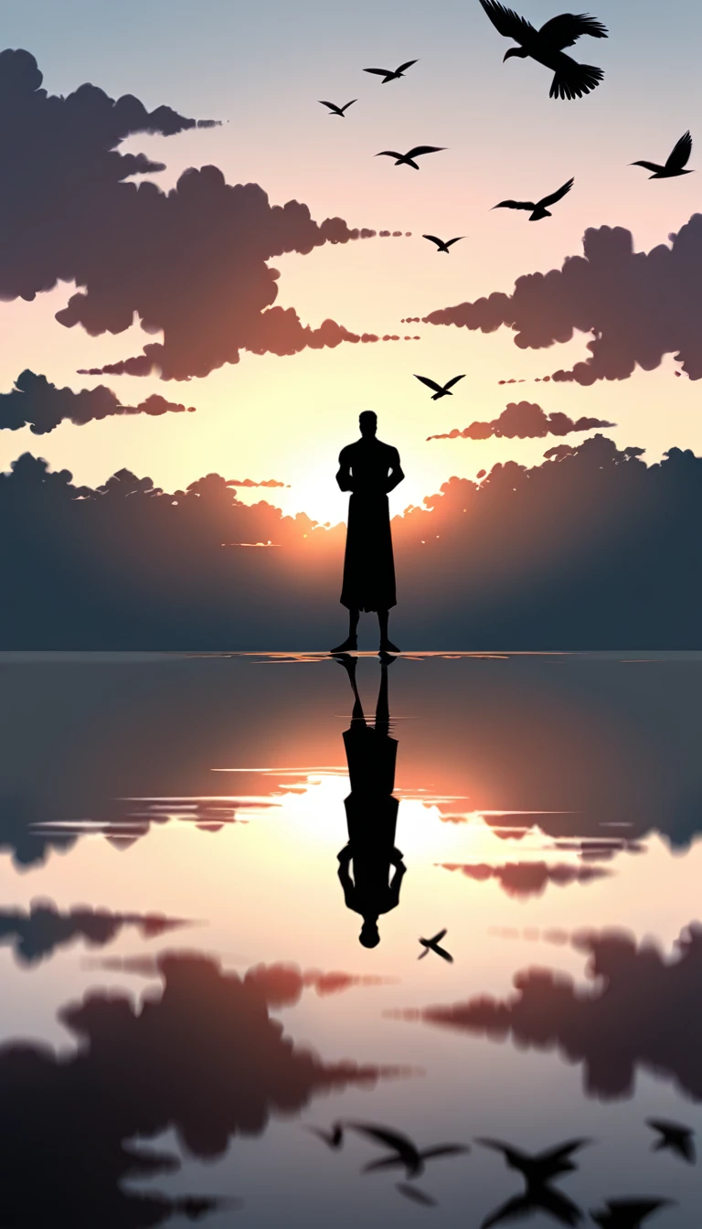 A Strong man in a black bodysuit stands in the smoke, Priapus, Dark Black, Dark black skin, Buzz Cut, His muscles are very developed, Very tall, short hair, Blend into the smoke, Lake, Reflection, Sunset, Sunset, Bird, plum bossom, Man silhouette, Chinese, black and white, Simple style