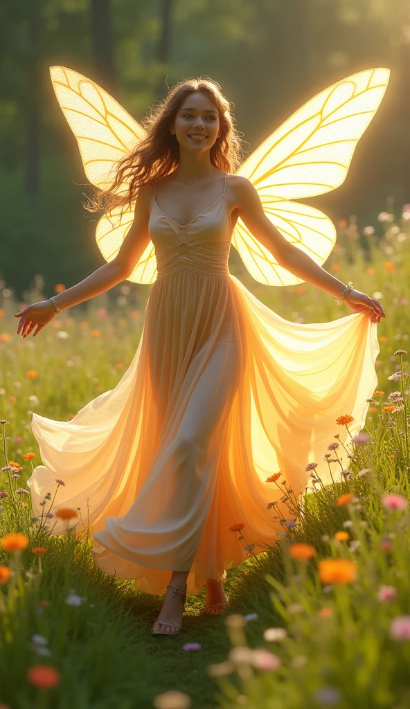 a woman in a fairy costume is running through a field, beautiful adult fairy, beautiful fairy, stunning 3d render of a fairy, faerie, smiling as a queen of fairies, ethereal wings, queen of the fairies, fairy aesthetics, beautiful fairie, margot robbie as a fairy, fairy dancing, a stunning young ethereal figure, beautiful fairies, astral fairy