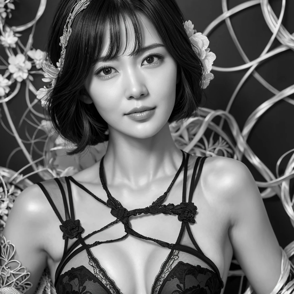 Stingy, Genshin Impact, Absurd,High resolution,Super detailed,ultra-Detailed Background,Detailed Background,Very detailed,One person,bouquet,(Tangled:1.2),(Geometric:1.2) Black and white color palette, monochromatic, big , Cleavage, Side bust, lingerie, Realistic depiction