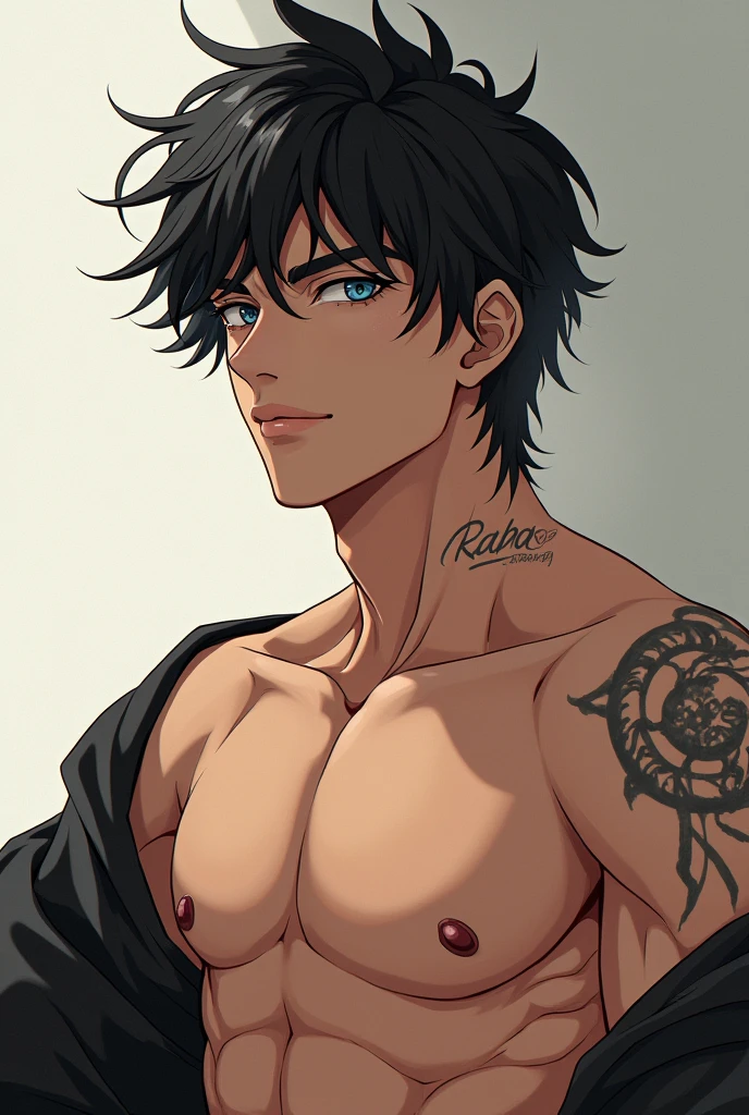 A 2 anime boy with aesthetic physique and masculine jawline and wear lower in bottom and tattoo on his neck and forearm with Messy and weavy hair 