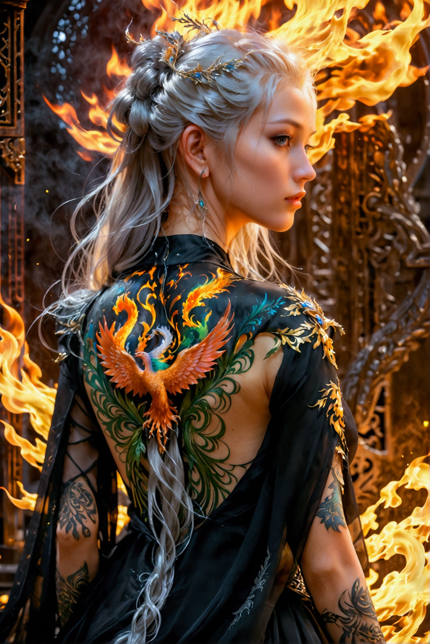 watercolor art, fantasy art, goth art, a picture of a tattoo on the back of a female elf, a glowing tattoo of a ((phoenix: 1.3)) on the elf's back, the ((phoenix tattoo)) is vivid, intricate detailed coming to life from the ink to real life, ((fire surrounds the phoenix: 1.5)), shoot taken from the back, ((the back is visible: 1.3), a most beautiful elf, exquisite beauty, small pointed ears, long hair, she wears a transparent black dress, the dress is elegant, flowing, elven style, that the tattoos glow, blond hair color, dynamic hair style, cinematic light, High Detail, Ultra High Quality, High Resolution, 16K Resolution, Ultra HD Pictures, 3D rendering Ultra Realistic, Clear Details, Realistic Detail, Ultra High Definition,Comistyle, faize, art by mooncryptowow