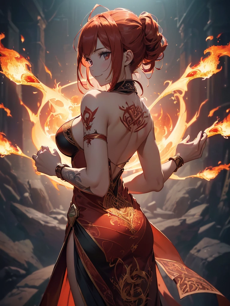 (((best quality, sharp image, clear image, cinematic lighting, 8k resolution, masterpiece, ultra detailed, intricate))) Girl, ((shot from behind)), ((close up)), look at viewer, fire mage, ((intricate background)), ((chaotic background)), red hair, smiling, ((flame runes, flame sigils)), (tatoo on back), slim figure, flying sigils, long dress, cute