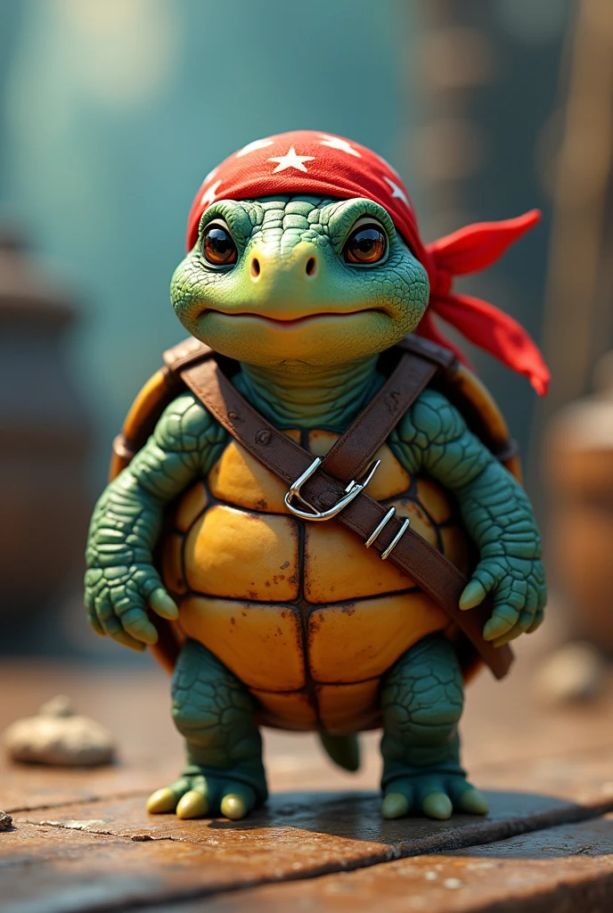 Tortu mignonne et pirate, debout avec un bandeau rouge sur la tête