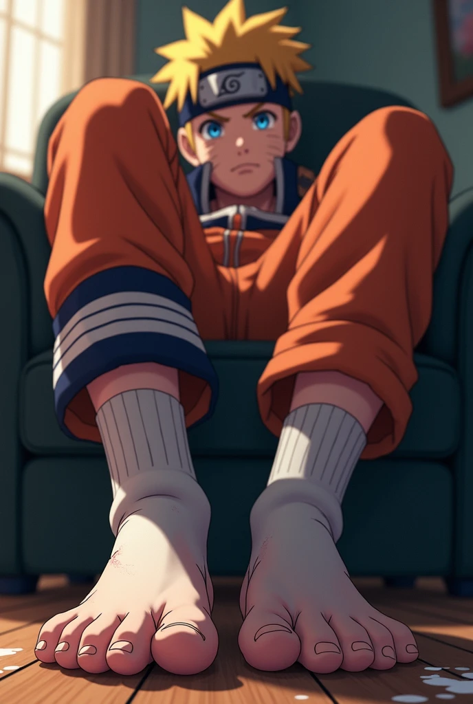 Anime boy Naruto very wet sweaty socks under chair showing his feet soles so very close to the camera