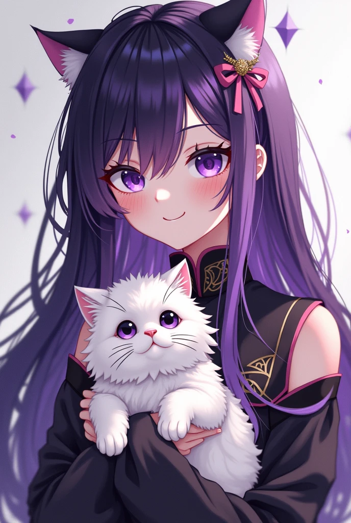 Anime girl with long purple hair, half head and half black hair, Chinese hairstyle, wearing a cute black and purple outfit, holding a white Persian cat.