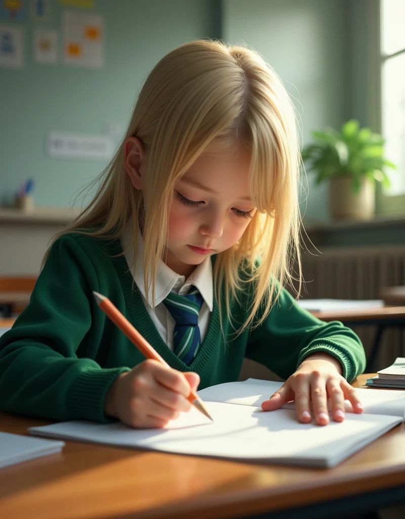 Developing cultural and intellectual skills, education according to the curricula prescribed for students , receiving information in the classroom, a close-up picture of a student with blonde hair , wearing a green uniform sitting on a school desk, performing school assignments