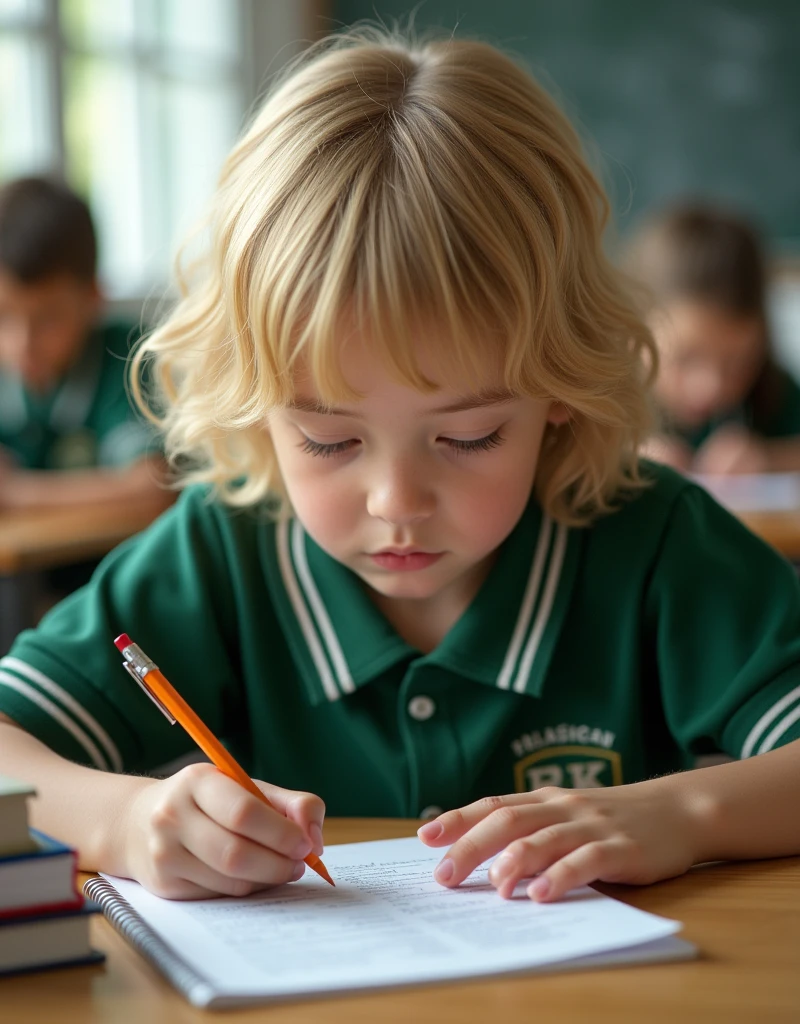 Developing cultural and intellectual skills, education according to the curricula prescribed for students , receiving information in the classroom, a close-up picture of a student with blonde hair , wearing a green uniform sitting on a school desk, performing school assignments