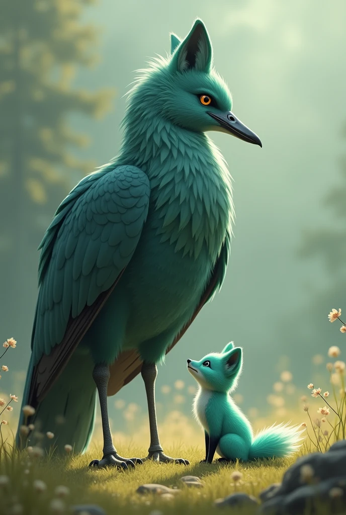 A little Tiffany green fox,About to hunt a giant bird,giant bird walking on the ground,In front of the fox,The fox is in a state of overestimating his own abilities,Cute realistic style