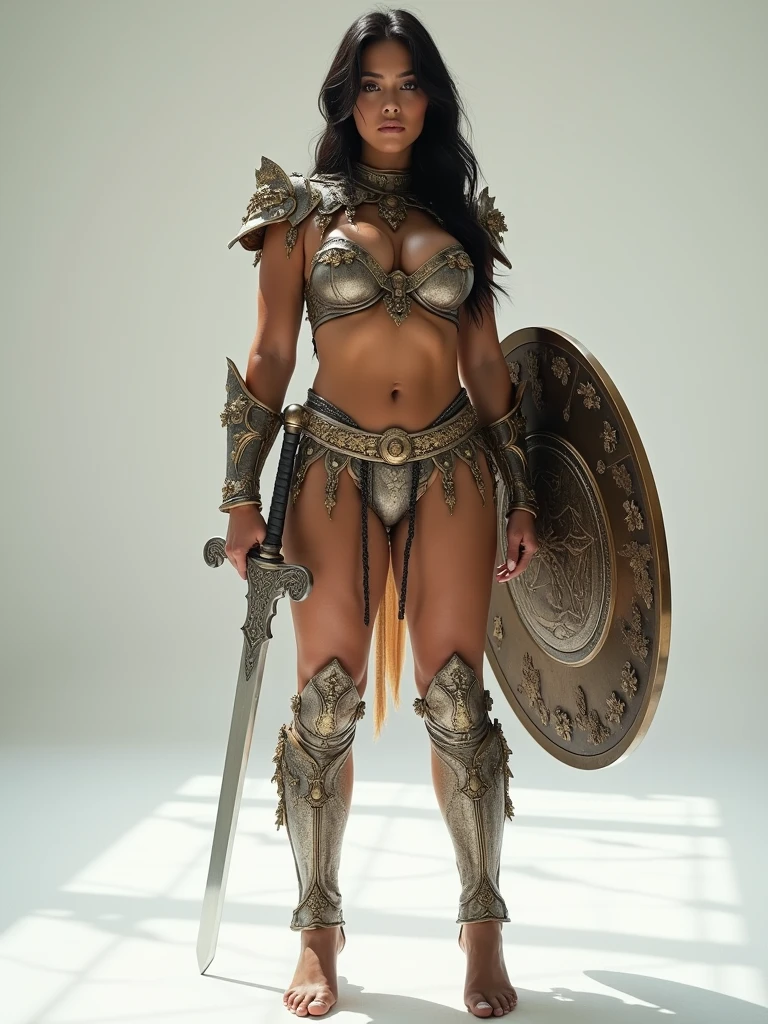 An Amazon posing with confidence and courage. Body: the face is a fusion of Megan Fox and Brooke Shields. She has a very long black straight hair. The breasts are big and voluptuous and hips are very strong and toned. The waist is tiny. Her body is voluptuous and delicate. Clothes: Amazon armoured suit. The armor is bright silver with red and green Flowers details. She has a long sword and a shield with Aphrodite relief symbol. Image style and definition: ultra realistic photo, feminine figure, portraits, Reductionist form, mujercore, bold lines, an Inferior Physical Goddess. Background: Infinite white room.