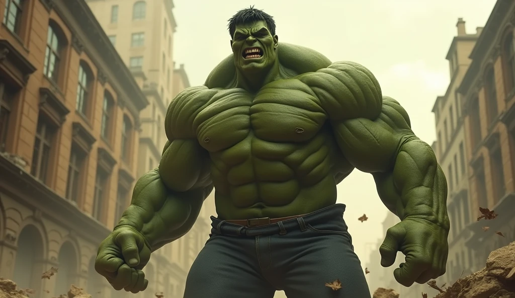 1850's Marvel Avengers character, hulk , vintage hulk, realistic, realistic character, vintage, vintage character, vintage background, male, destruction in background, highly detailed, extremely detailed, 8k, masterpiece, ultra-detailed, photorealistic, hdr, studio lighting, physically-based rendering, extreme detail description, vivid colors, dramatic lighting, cinematic, epic
