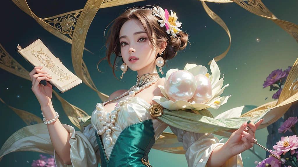 32K, 最高quality, 最高masterpiece, (ultra-Detailed Background, Detailed Background), High resolution, Super detailed, Very detailedな, 1 personの, (bouquet:1.3), (Tangled:1.2), (Geometric:1.2),(colorful),(masterpiece, quality, best quality, Official Art, Beautiful and beautiful:1.2), (1 person:1.3), Very detailed,(colorful:1.1)(Flowers:1.3),Most detailed,(Tangled:1.2), whole body, (Abstract background:1.3), (Skin glows), (Many colors:1.4), ,(Earrings Pearl:1.5), Light green background, It's imaginative., Brunette Hair, Updo, Holding a book, Holding a pen, Satin shirt,
