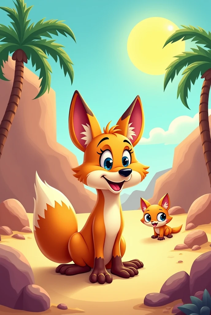 Cute Coyote,cartoon,Desert,sun,palmtrees,geko