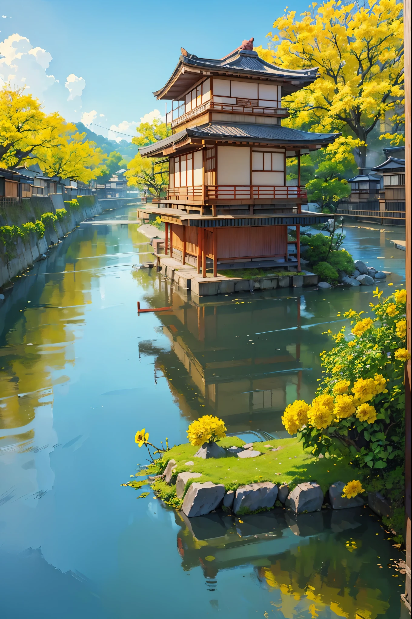 ((traditional japan houses near river with a big yellow flower tree: 1.3)) , ((camera facing the front of the houses:1.2)), ((next to a river: 1.2)), detailed anime artwork, urban, japan anime scene, ((bright blue sky: 1.0)), extra detailed, very detailed, japanese village , plants, birds, anime style, anime, lofi, lofi vibe, ((best quality:1.5)), ((masterpiece:1.5)), ((highly detailed:1.3)), ((anime aesthetic:1.2)), ((no one: 1.2)), ((no people: 1.2))