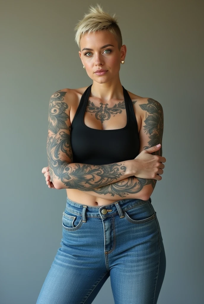 A heterosexual blonde girl with pixi short hair and big breasts and tattoos on arms and chest very feminine, full figure with her arms crossed standing, sports bra, blue jeans knee high boots, taking a realistic photo