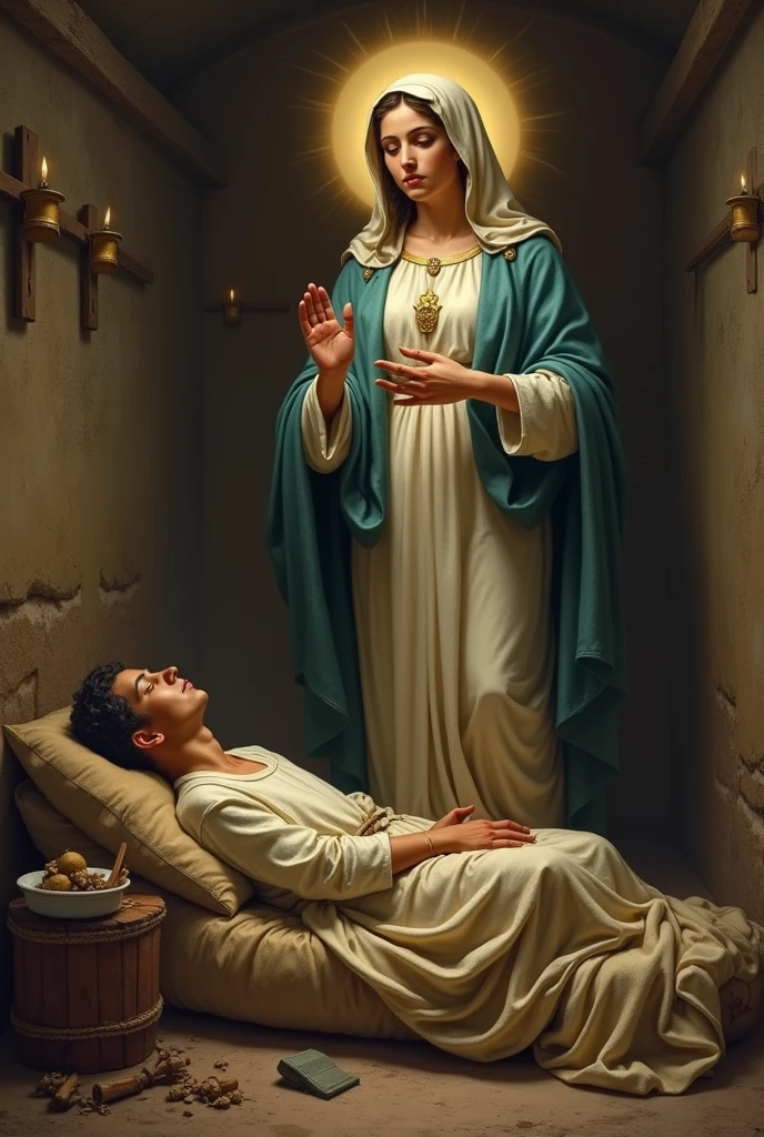 Our Lady of Aparecida blessing a person sleeping in a poor house